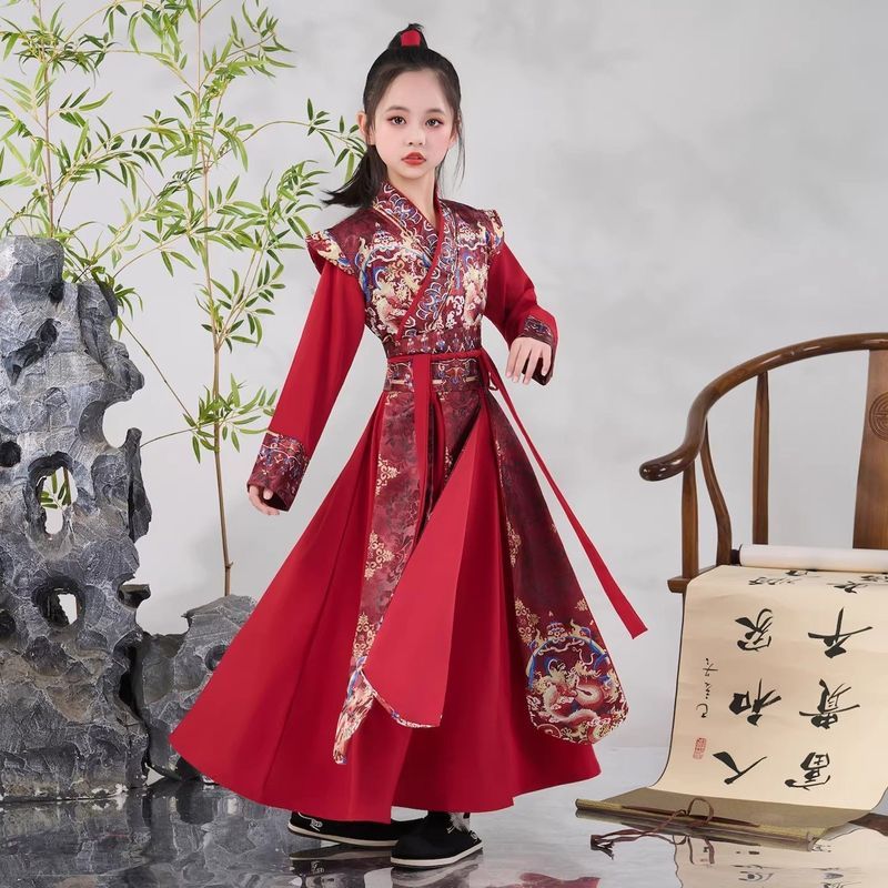 儿童花木兰cos服演出服装男女童武侠风交领长袖汉服红色古风套装3-23Children's Mulan Cosplay Cos Performance Outfit for Boys and Girl