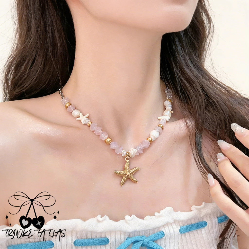 สร้อยคอรูปปลาดาว ลูกปัดหิน+หอย สร้อยข้อมือ ฝีมือประณีตงดงาม ตกแต่งด้วยกรวด มีหลายแบบให้เลือก