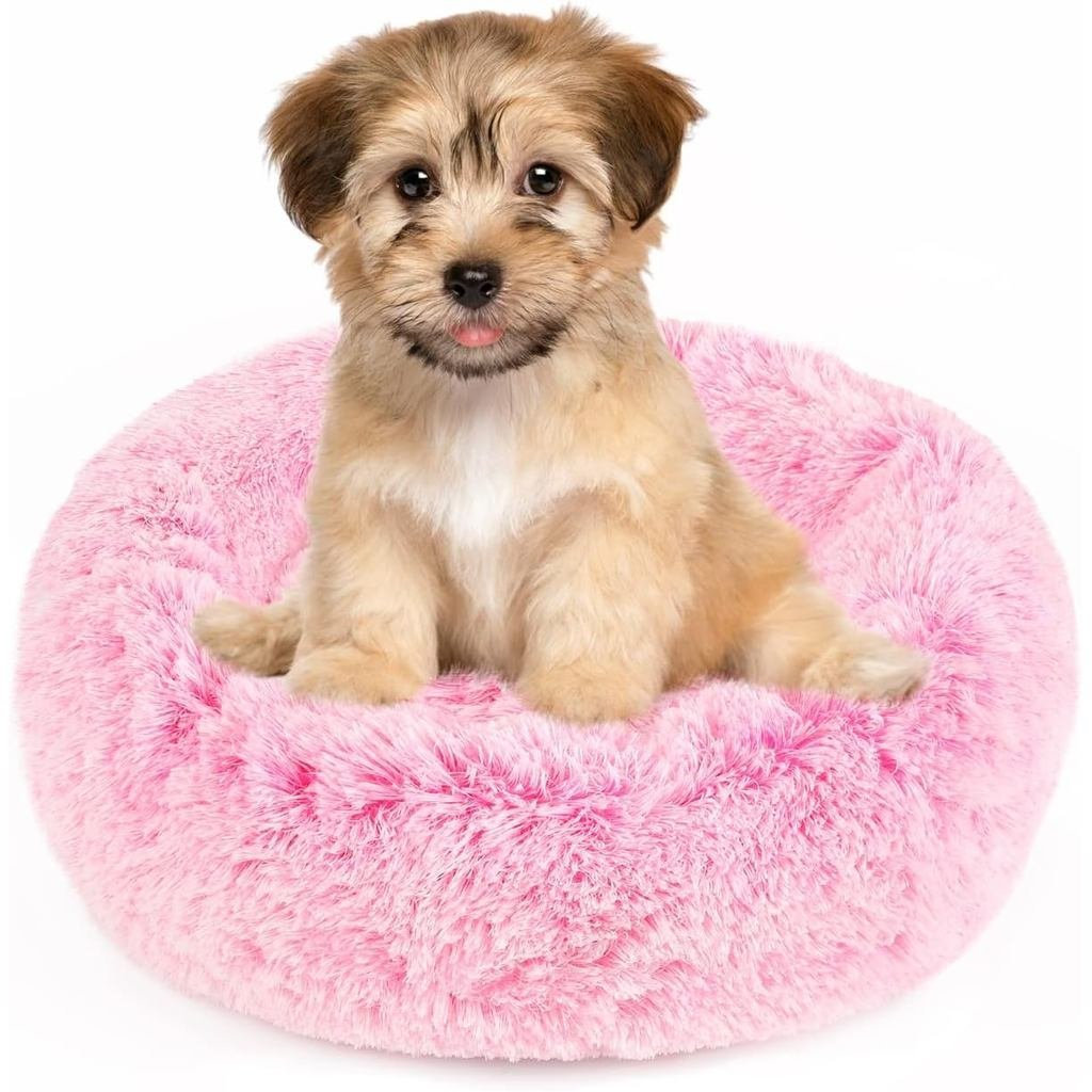 NOYAL Calming Donut Dog Bed for Small to Medium Dogs & Cats - Plush Faux Fur Anti-Anxiety Pet Bed wi