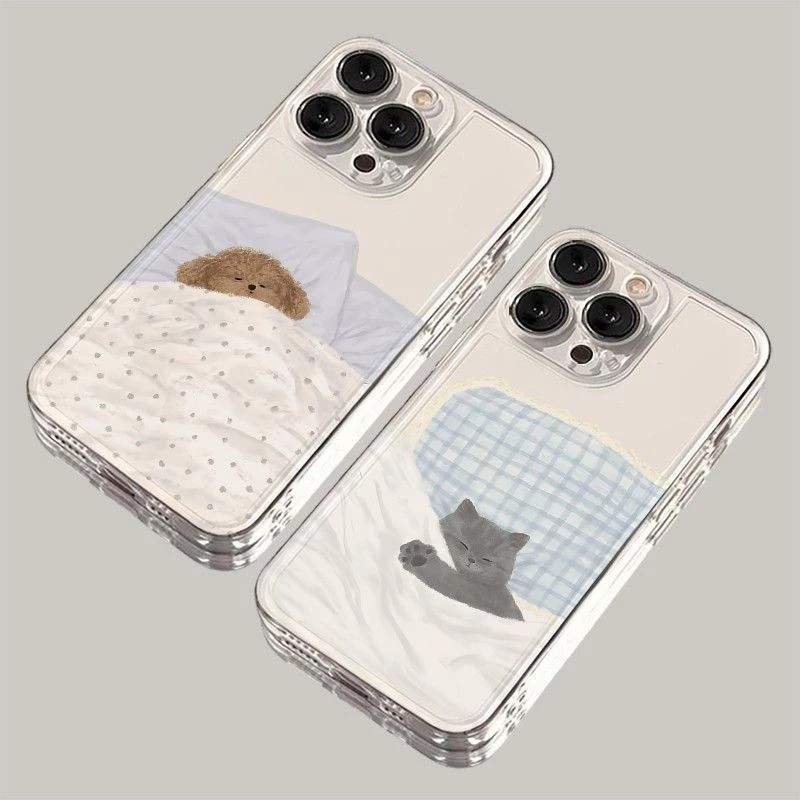 นอนสุนัขแมวคู่เคสโทรศัพท์สําหรับOPPO Reno 14F 13F 12F 15F 15 13 12 14 Pro Reno14 F 5Gโปร่งใสแฟชั่นเลนส์ป้องกันนุ่มกันชนร้อนหรูหราCreative Cover