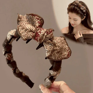 (พร้อมส่งในไทย) ที่คาดผมโบว์ ผ้าขน แบบหยักและสูง มีซี่ดันกันลื่น ยกโคนผม