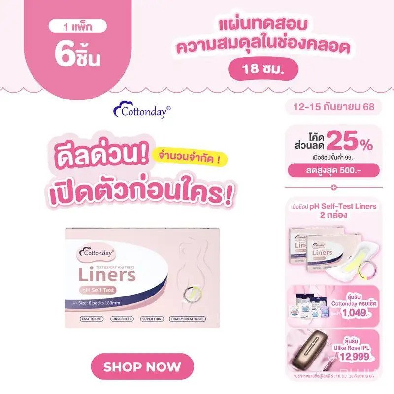 【Givenchii Mall】Cottonday pH Self Test Liners แผ่นอนามัยวัด pH ในจุดซ่อนเร้น 18 ซม. 6 ชิ้น ของใช้ผู้
