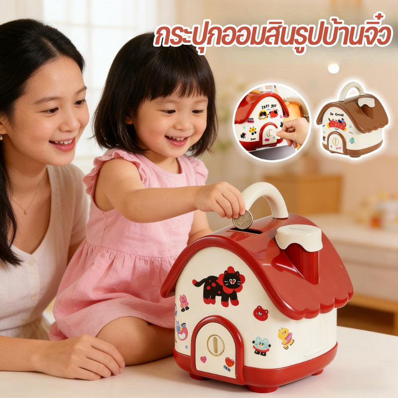 กระปุกออมสินรูปบ้านจิ๋ว บ้านออมเงิน มีหูหิ้วพกพา มีกุญแจปลดล็อค แถมสติกเกอร์ตกแต่ง