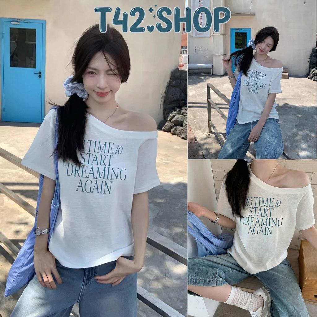 T42.SHOP🌸 เสื้อยืด แขนสั้น เสื้อโชว์ไหล่ ดีไซน์พิเศษ เซ็กซี่ เหมาะสำหรับฤดูร้อน 'TIME START' พิมพ์ลาย