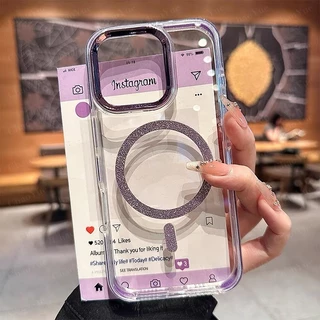เคสโทรศัพท์โปร่งใสสำหรับ iPhone 15 14 13 12 11 16 17 Pro Max Plus ปกป้องกล้อง กันกระแทก ฝาหลังแข็ง พร้อมสีตัดกันชัดเจน กันตก และชาร์จไร้สายแบบแม่เหล็กพร้อมกลิตเตอร์