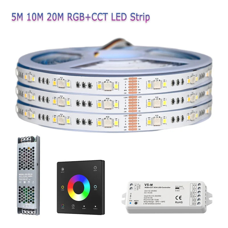5m 10m 20m RGB + CCT LED Strip 24V 5050 สีสัน + Dualสีขาวยืดหยุ่น Dimmable Room Decor Party Light 2.