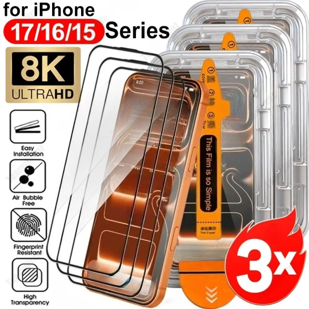 ติดง่าย HD ฟิล์มกระจกใส เต็มจอ for iPhone 11 13 17 ProMax 14 12 16 15 Pro Max XR 7 8 14 15 Plus ไอโฟน 11 12 13 14 15 Pro