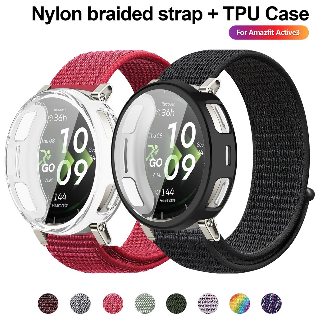 สําหรับ Amazfit Active 3 /Active Max/Active 2 สายรัดไนลอนถักและเคสป้องกัน TPU แบบนุ่มชุดเปลี่ยนสายรัดข้อมือแบบสปอร์ตระบายอากาศ