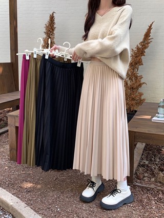 59028 กระโปรงพลีท ทรงเอ ความยาวครึ่ง สีพื้น
