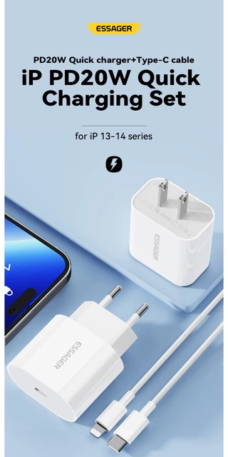 ชุดชาร์จเร็ว Essager PD20W สำหรับ iPhone 14 13 12 Pro Max (ปลั๊ก US/EU)