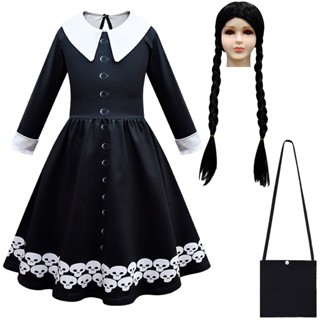 Gothic Style Wednesday Addams Dress Addams Family Gothic Costume Cosplay Bag Wig Cosplay Costume Girls Kids Halloween Xmas Party