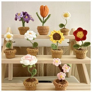 Handmade Knitted Flowers Artificial Fake Plants Flower Potted Car Ornament Home Decoration Gift Tulip Crochet Hooks