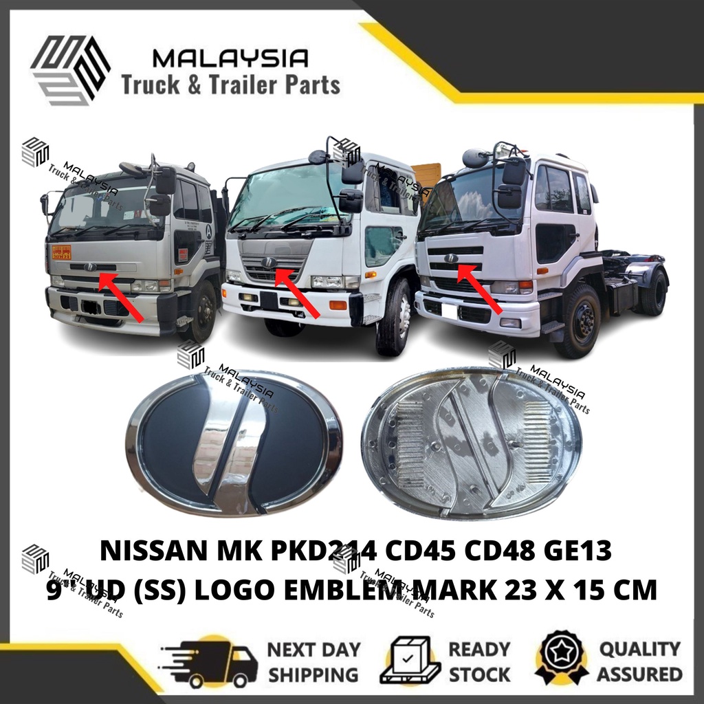 Nissan UD TRUCK MK PKD 214 CD45 CD48 GE13 9" UD (SS) โลโก้ EMBLEM MARK CHROME 23 X 15 CM LORI LORRY TRAILER