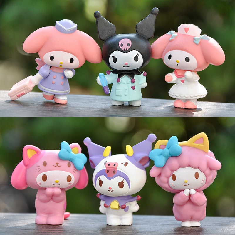 6pcs/set Hello Kitty Kuromi Action Figure Sanrio Little Twinstars Model Toy Cake Decoration Ornaments Gifts