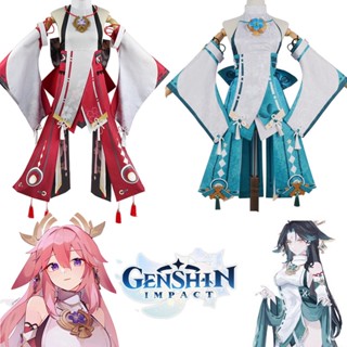 Genshin Impact Yae Miko Cosplay Costume Turquoise Dress Halloween Costumes for Women XS-3XL New Wig Dress Party Outfit