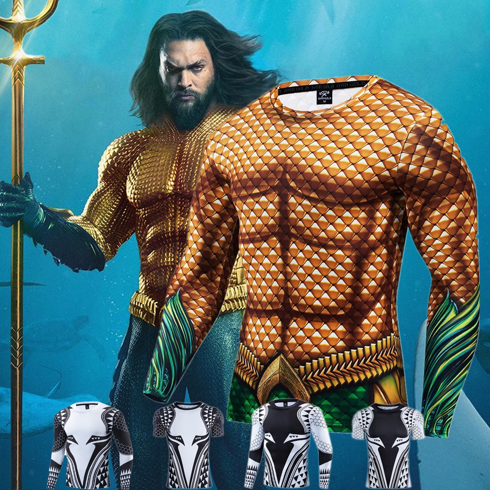 ยิม Tights ผู ้ ชายกีฬาการบีบอัดเสื ้ อยืด Superhero Aquaman พิมพ ์ เสื ้ อ 3d