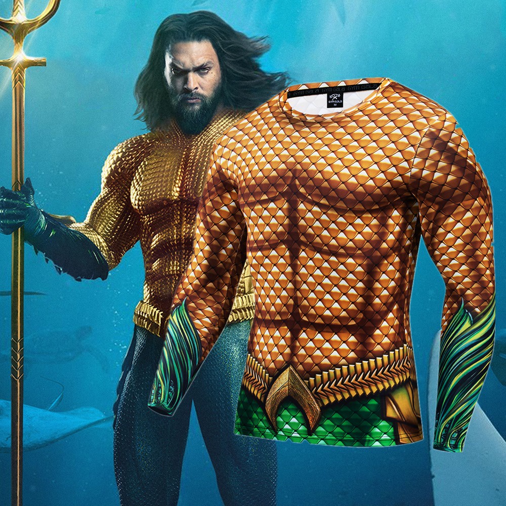 เสื้อยืดออกกำลังกายแบบบีบอัด พิมพ์ลาย Aquaman 3D ผ้าเนื้อนุ่มยืดหยุ่น