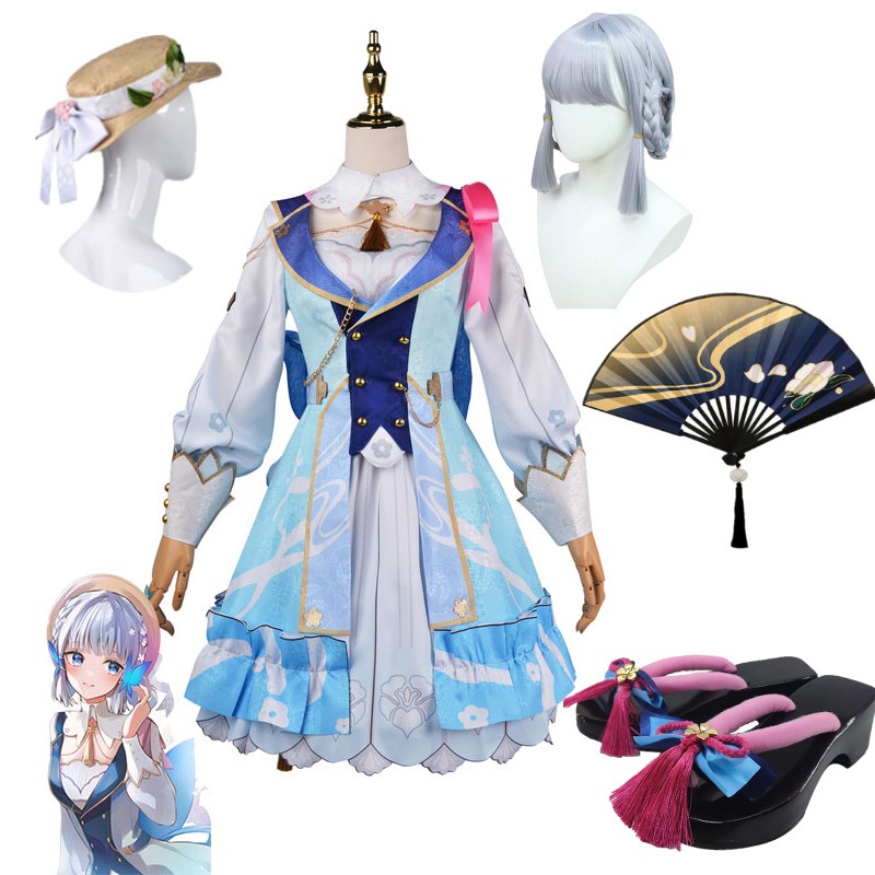 Game Genshin Cosplay Costume Impact Kamisato Ayaka Long Sleeve Coat Skirt Wig Hat Shoe Fan  Full Set