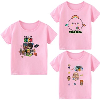 เสื้อยืดลําลอง แขนสั้น พิมพ์ลาย Toca Baca Life World สีชมพู แฟชั่นฤดูใบไม้ผลิ และฤดูใบไม้ร่วง และฤดูหนาว สําหรับเด็กผู้หญิง อายุ 2-13 ปี
