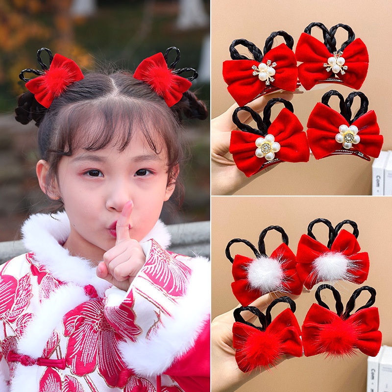 กิ๊บติดผม ประดับโบว์ สีแดง สไตล์จีนน่ารัก สําหรับเด็กผู้หญิง จํานวน 2 ชิ้น