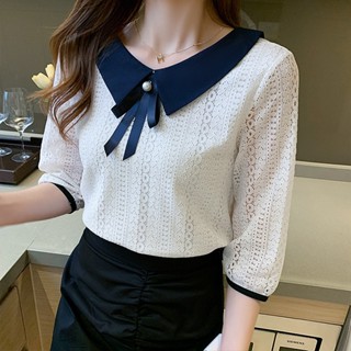 เสื้อชีฟอง แขน 3/4 คอตุ๊กตา แต่งลูกไม้ ทรงหลวม พลัสไซซ์ แฟชั่นฤดูร้อน สไตล์เกาหลี สําหรับผู้หญิง