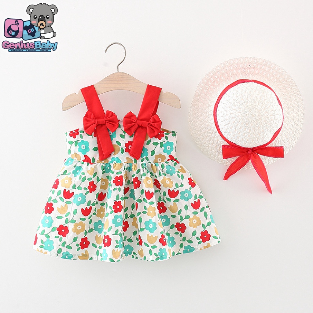 [ Genius Baby House ] 3m-3y Baby Girl Clothing Sling Dress & Hat Red Dress Gaun C4114