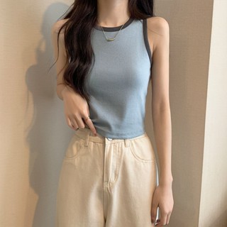 61502 เสื้อท็อป แขนกุด ผ้ายืด สีตัดกัน สําหรับผู้หญิง