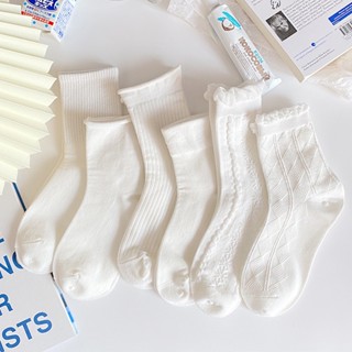 61507 ถุงเท้าข้อกลาง สีขาว สีพื้น สําหรับผู้หญิง