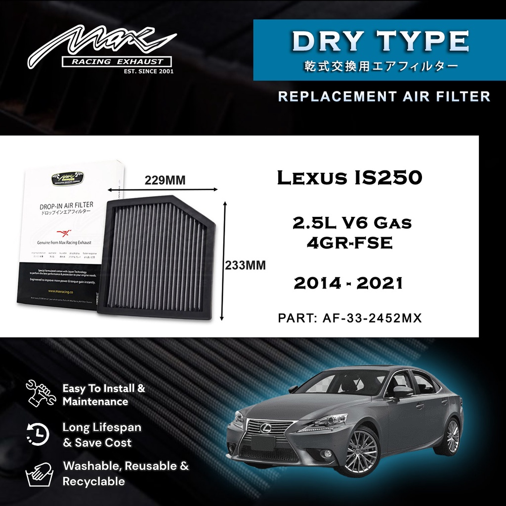 Lexus IS250 2.5L V6 แก๊ส 4GR-FSE 2014-2021 33-2452MX Max Racing Exhaust Performance Drop-in Dry Type