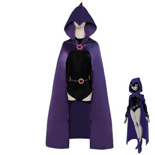 ใหม่ ชุดบอดี้สูท จั๊มสูท คอสเพลย์ วัยรุ่น Titans Super Hero Raven มีฮู้ด สีม่วง สีดํา สําหรับผู้หญิง ปาร์ตี้ฮาโลวีน