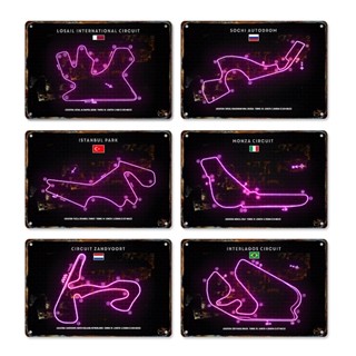 ป้ายโปสเตอร์โลหะดีบุก ลาย F1 Racing Neon Track Line สไตล์วินเทจ สําหรับตกแต่งบ้าน