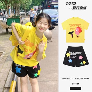 🚚 พร้อมส่ง 🚚 ฤดูร้อนผู้หญิง Two-Piece,หลวมพอดี,เสื้อแขนสั้นสีเหลือง,กางเกงนักเรียนห้าดาวแบบสบาย ๆ Two-Piece