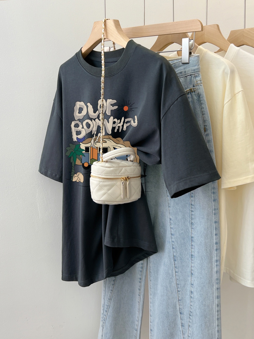 65099 เสื้อยืดแขนสั้น ผ้าฝ้ายแท้ พิมพ์ลายตัวอักษร ทรงหลวม สไตล์เกาหลี แฟชั่นฤดูร้อน