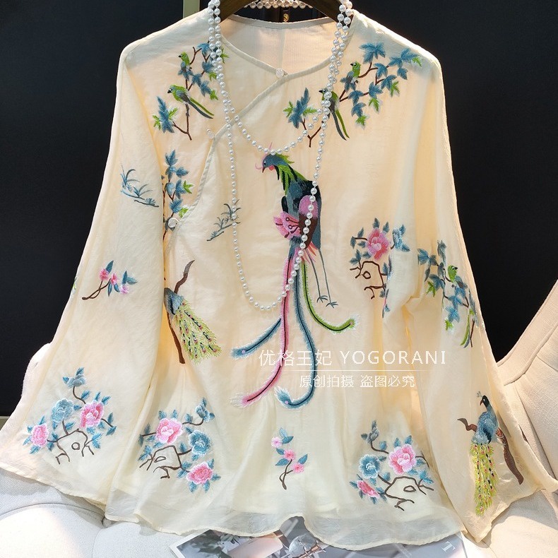 เสื้อเชิ้ตลําลอง คอกลม ปักลาย สไตล์จีน แฟชั่นฤดูร้อน สําหรับสตรี 2024
