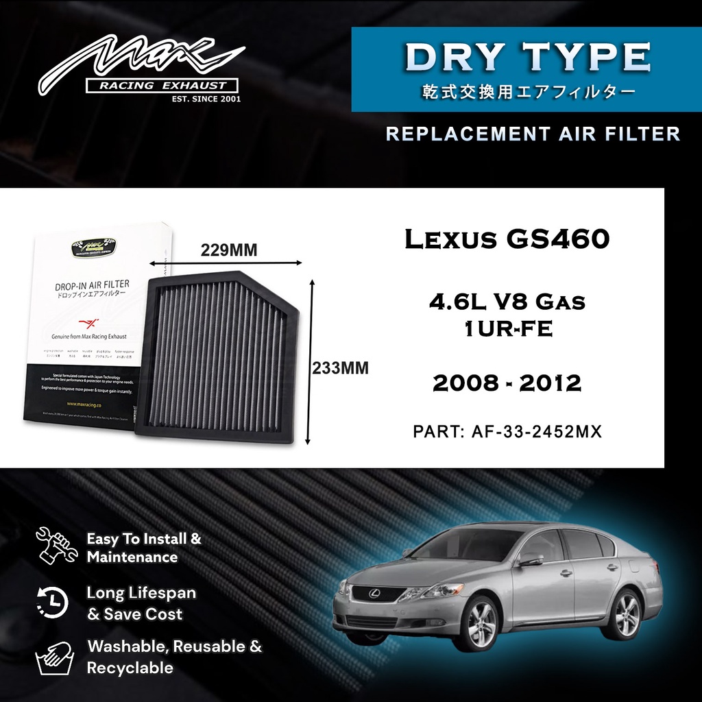 Lexus GS460 4.6L V8 แก๊ส 1UR-FE 2008-2012 33-2452MX Max Racing Exhaust Performance Drop-in Dry Type 