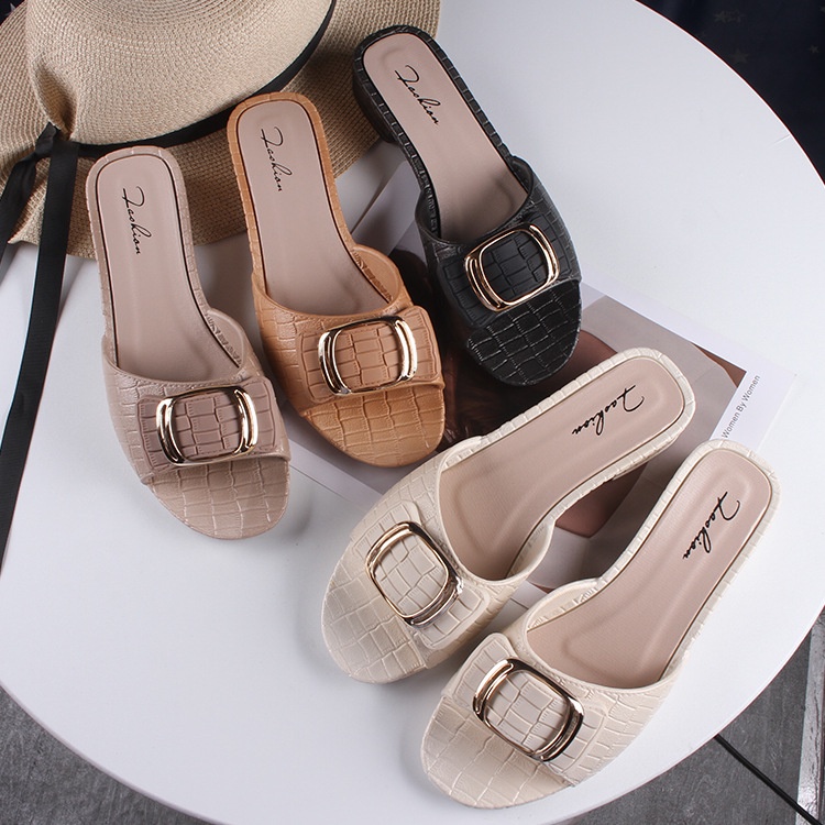 JS Fashion Lady Slip On Heel Slides รองเท้าแตะเจลลี่ Kasut Perempuan Selipar Bertumit 女神新款爆款中凉鞋