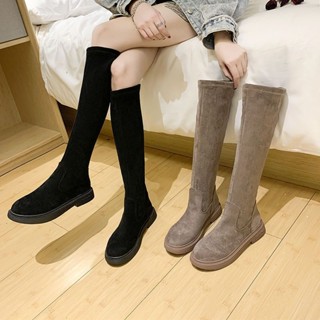 รองเท้าบูทยาวไม่เกินเข่าผู้หญิง 2023 ใหม่ Frosted Suede Elastic Slim Boot รองเท้าบูทยาวแบน