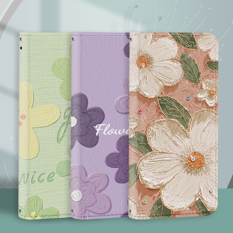 เคสโทรศัพท์มือถือหนัง ลายภาพวาดสีน้ํามัน รูปดอกไม้ พร้อมช่องใส่บัตร สําหรับ Vivo V20 V23 V25 V27 Pro V23E V20SE Y70 V21E