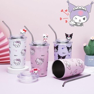 Sanrio Kawaii กระติกน้ําร้อนสเตนเลส 304 มีฉนวนกันความร้อน ลายการ์ตูนอนิเมะ พร้อมหลอดดูด 450 มล. สําหรับเดินทาง