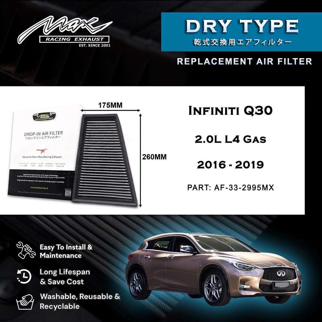 Infiniti Q30 2.0L L4 แก๊ส 2016 ถึง 2019 33-2995MX Max Racing Exhaust Performance Drop-in Dry Type กร