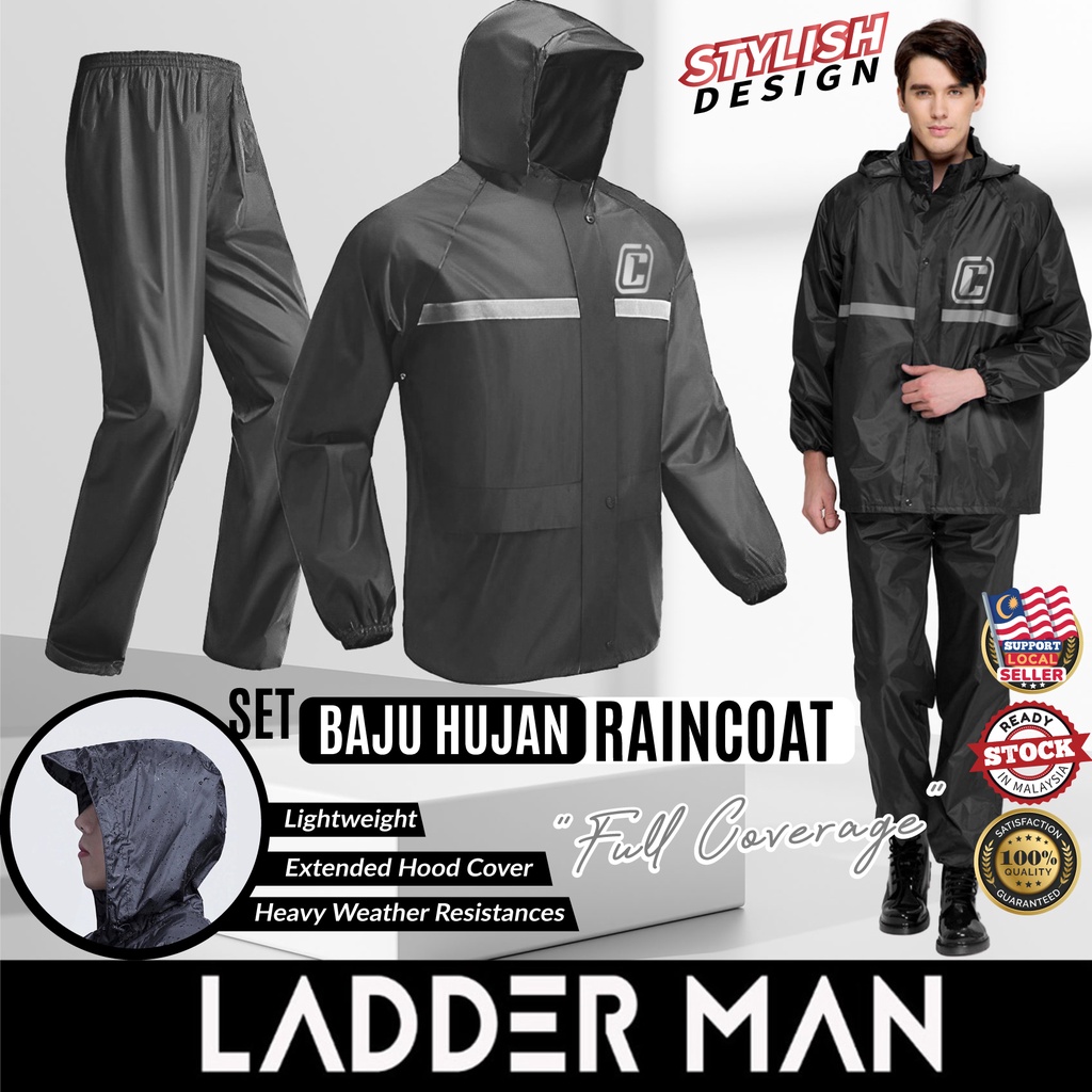 LADDERMAN Rain Coat Set Baju Hujan Motor Lelaki Perempuan Men Jaket Hujan Rainsuit พร้อมกางเกงเสื้อแ