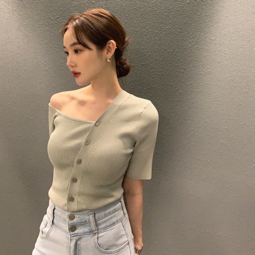 62977 เสื้อแขนสั้น ผ้าถัก แบบครึ่งตัว แนวทแยง