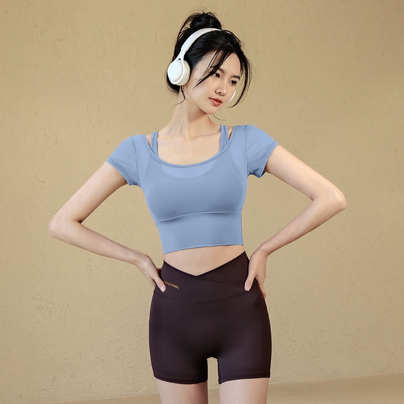 Fit.her ใหม่ เสื้อยืดลําลอง แขนสั้น คอกลม กันกระแทก สองชิ้น สําหรับวิ่ง เล่นกีฬา