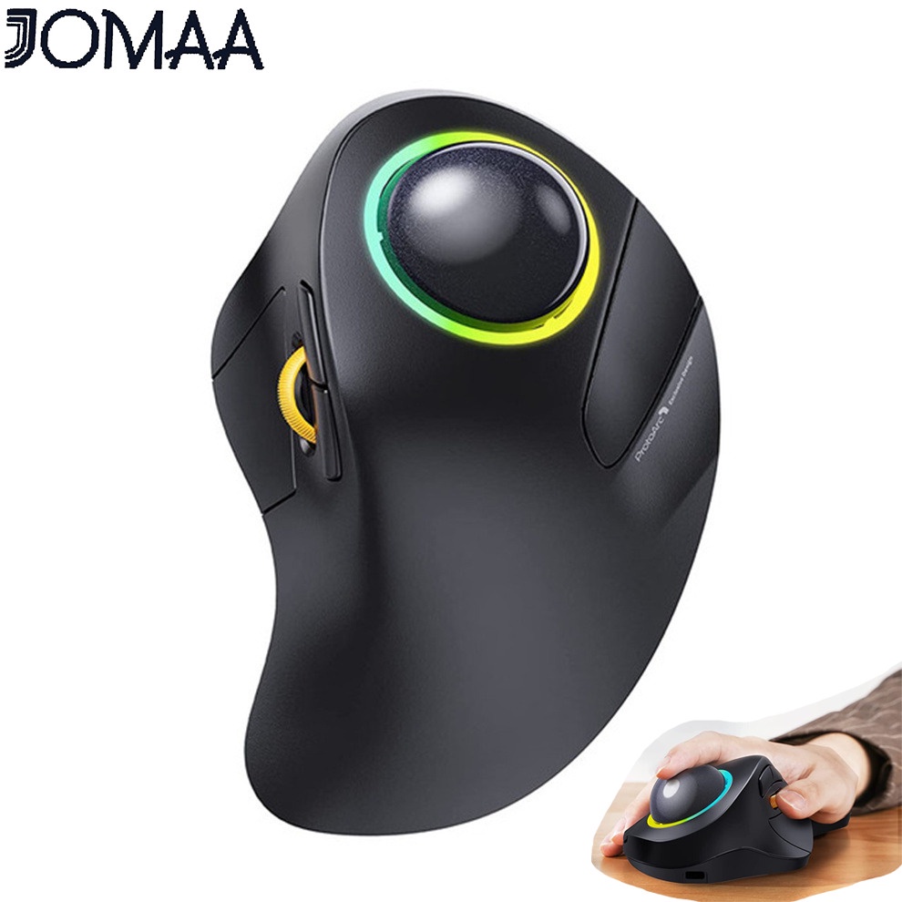 Jomaa EM03 ไร้สาย BluetoothTrackball เมาส์ชาร์จ Ergonomic RGB Backlit Rollerball เม้าส์สําหรับ Windows Mac iPad