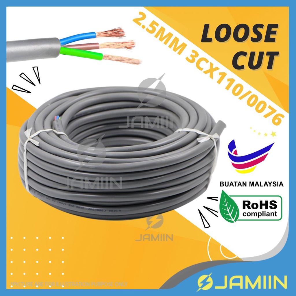 [ตัดหลวม] 2.5MM 3 Core X 110/0076 Kabel Wayar Letrik ทองแดงเต็มผลิตในลวดยืดหยุ่นทองแดงเต็มบริสุทธิ์ 
