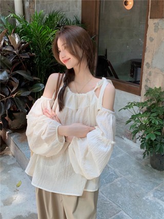63410 เสื้อเชิ้ตแขนยาว เกาะอก ทรงหลวม แบบผูกเชือก