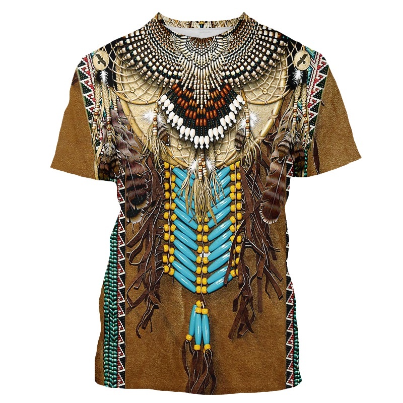 2023new ผู้ชาย 3D พิมพ์สไตล์อินเดีย T เสื้อ Retro Native Americans รูปแบบอินเดียแขนสั้น T เสื้อแฟชั่น Tops Tee
