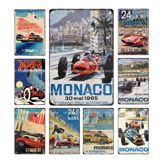 โปสเตอร์โลหะดีบุก ลาย Monaco Racing Car สไตล์วินเทจ สําหรับตกแต่งผนังโรงรถ กลางแจ้ง