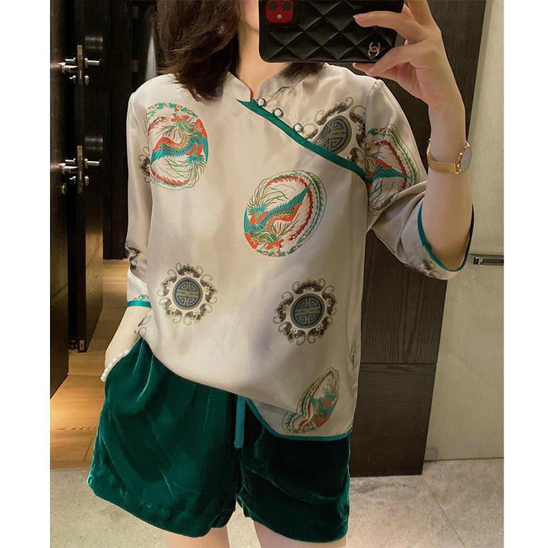 ใหม่ เสื้อเบลาส์ ผ้าเรยอน พิมพ์ลาย ประดับมุกเทียม ระดับไฮเอนด์ สไตล์จีนย้อนยุค สําหรับผู้หญิง