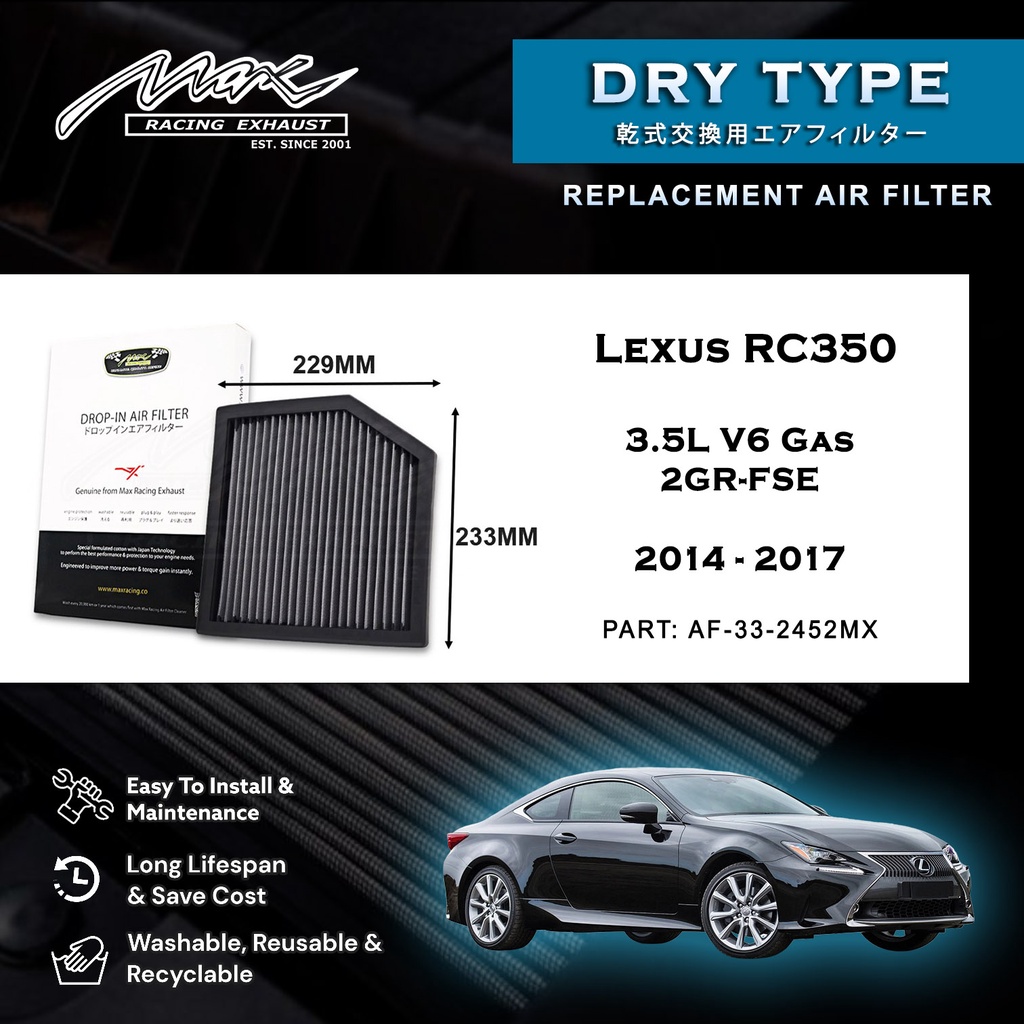 Lexus RC350 3.5L V6 แก๊ส 2GR-FSE 2014-2017 33-2452MX Max Racing Exhaust Performance Drop-in Dry Type